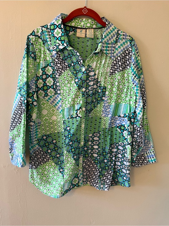 Caribbean Joe Tops - Caribbean Joe Green & Aqua Patterned Cotton Button-Up and 100% Cotton